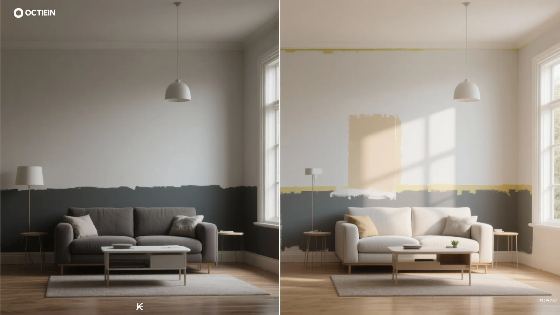 Modern living room comparison showing different wall paint colors with sofa and wooden coffee table