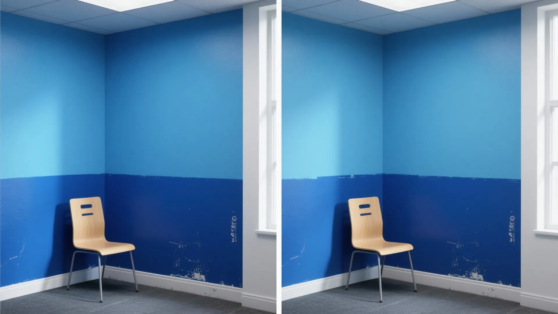 Before and after comparison of a room corner with two tone blue paint and wooden chair