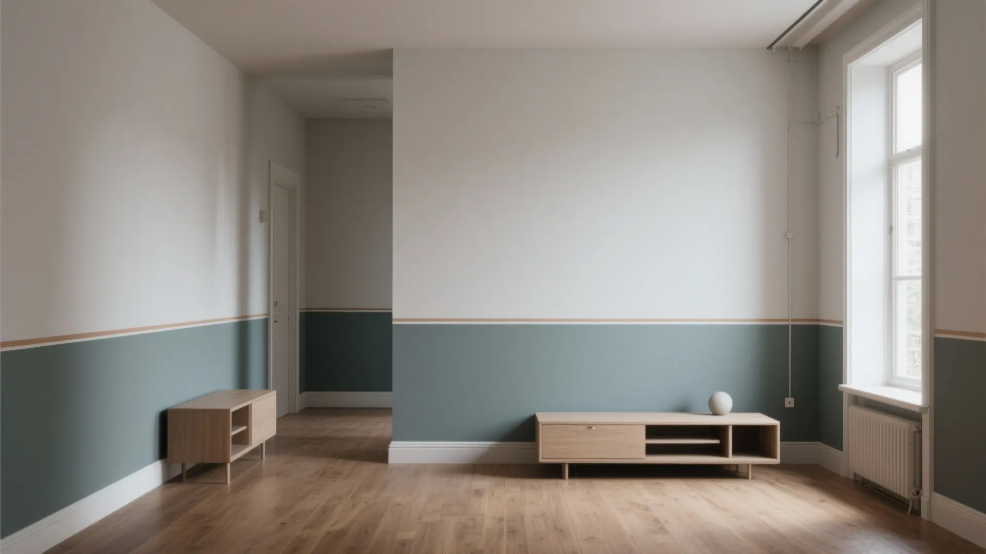Minimalist room with white and teal walls, wooden cabinet, wood floor, and light from window
