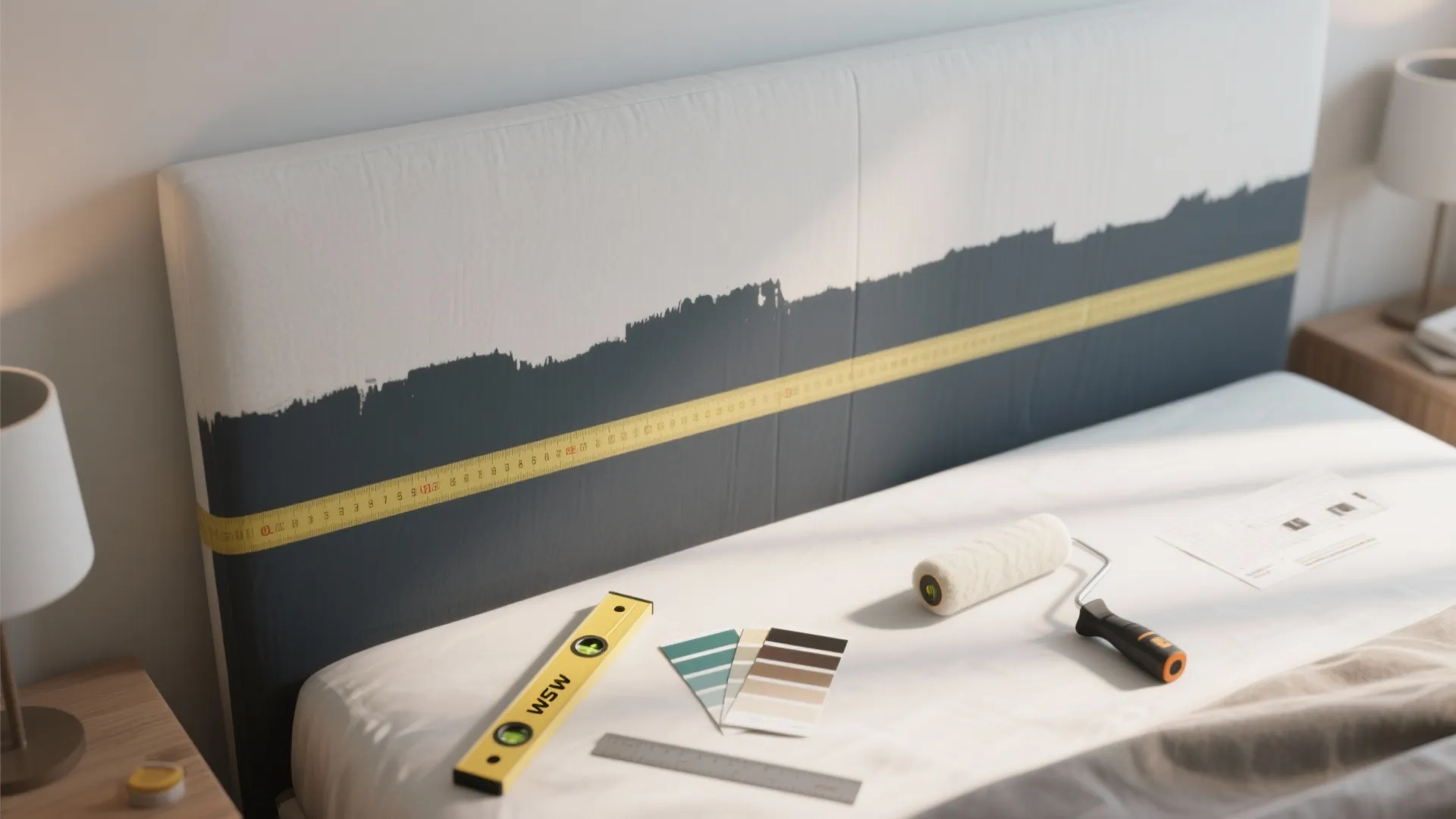 Interior design tools with paint roller level and color cards on white bed with painted headboard