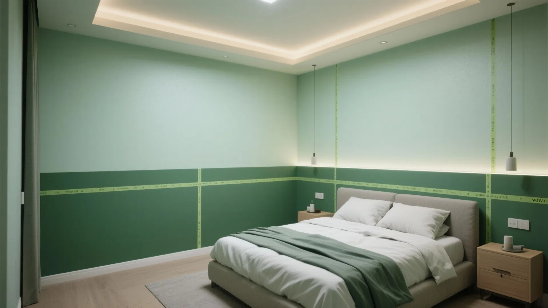 Bedroom with horizontal two-tone banding: pale green above and richer green below to widen the space