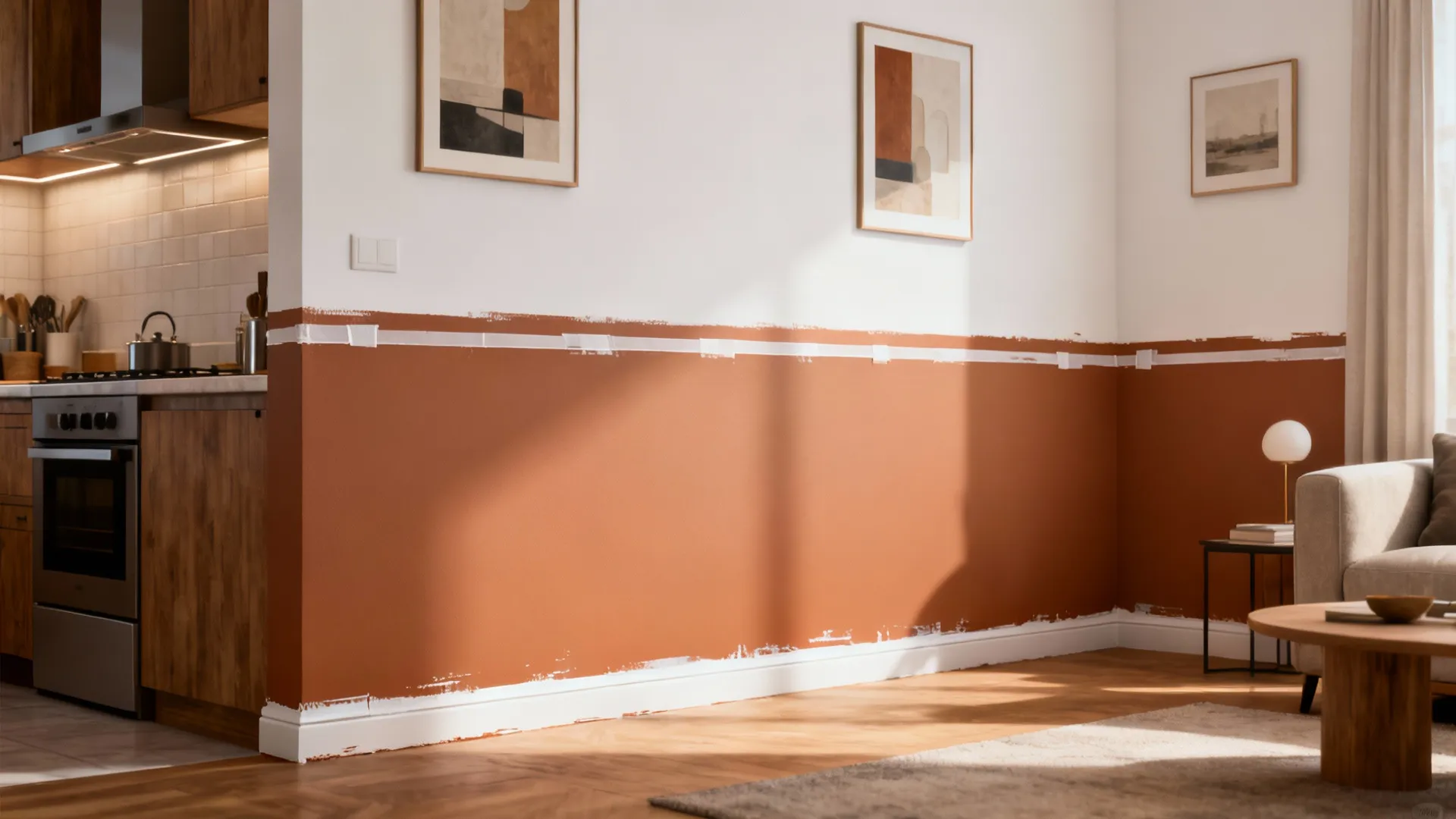 Two-tone horizontal band wrapping around a living and kitchen wall with warm clay below and warm white above.