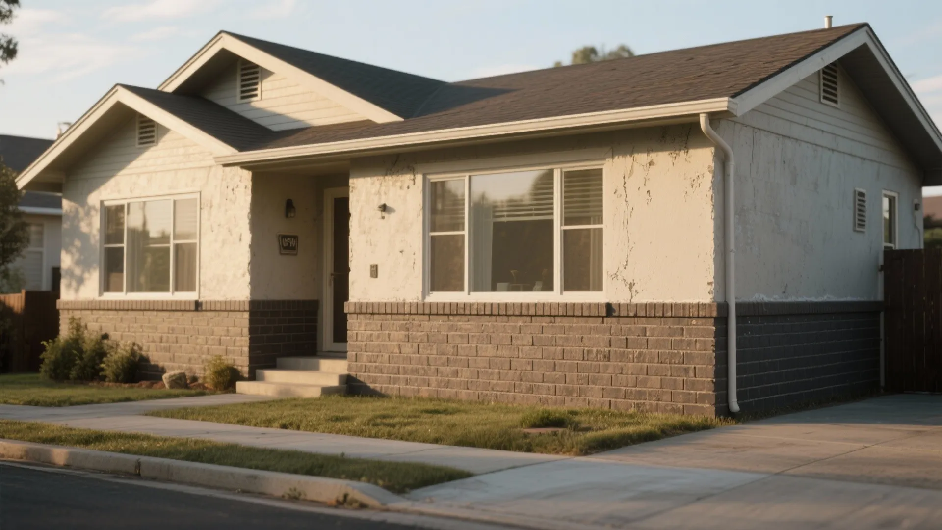 Single story house with white upper walls and dark grey brick base featuring front yard grass