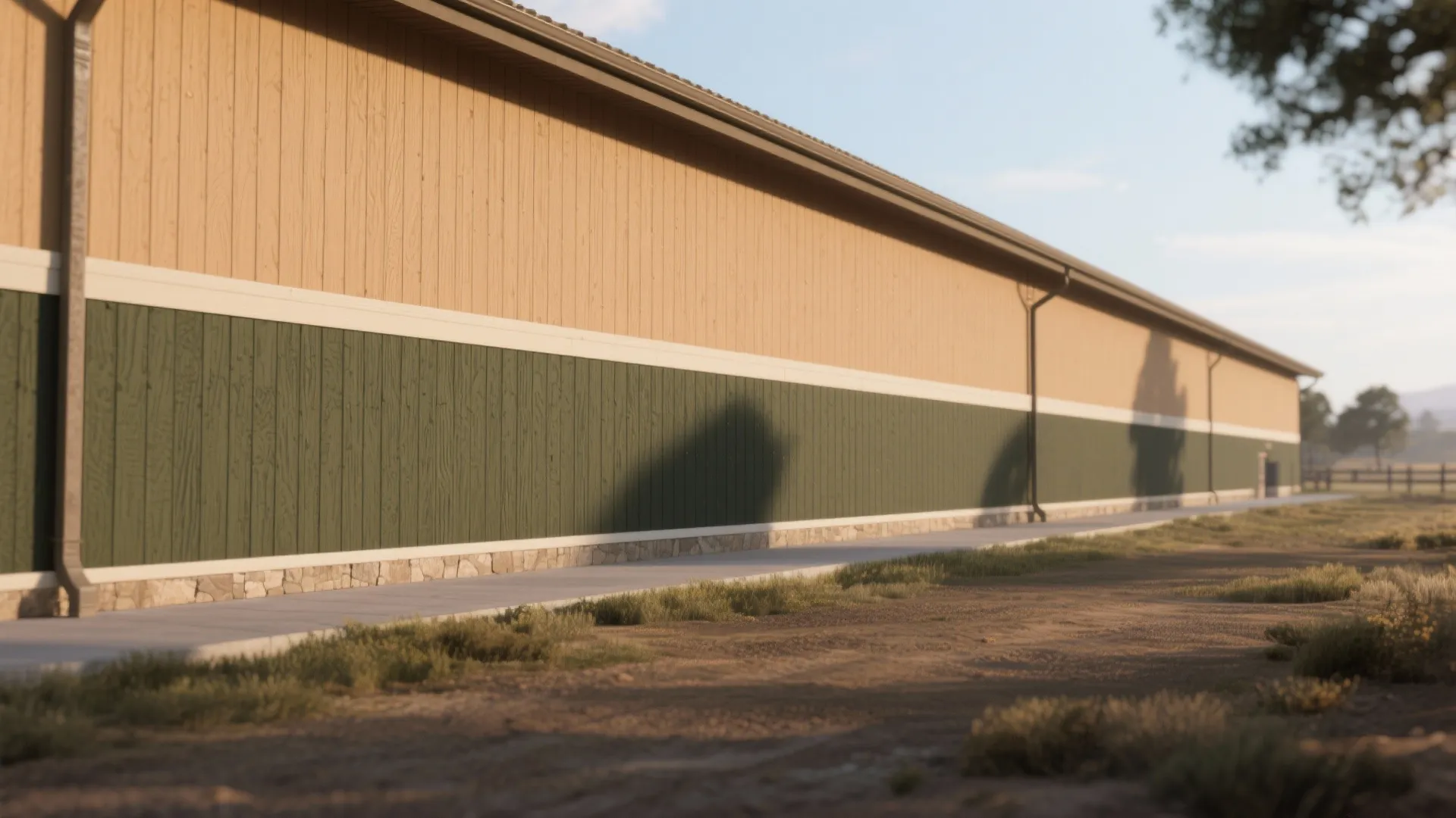 Long building wall with tan wood siding on top and green panels on the bottom.
