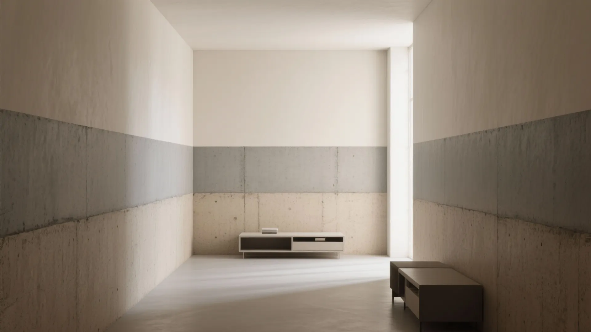 Minimalist room with concrete wall panels in three colors, a low cabinet, and bright natural light