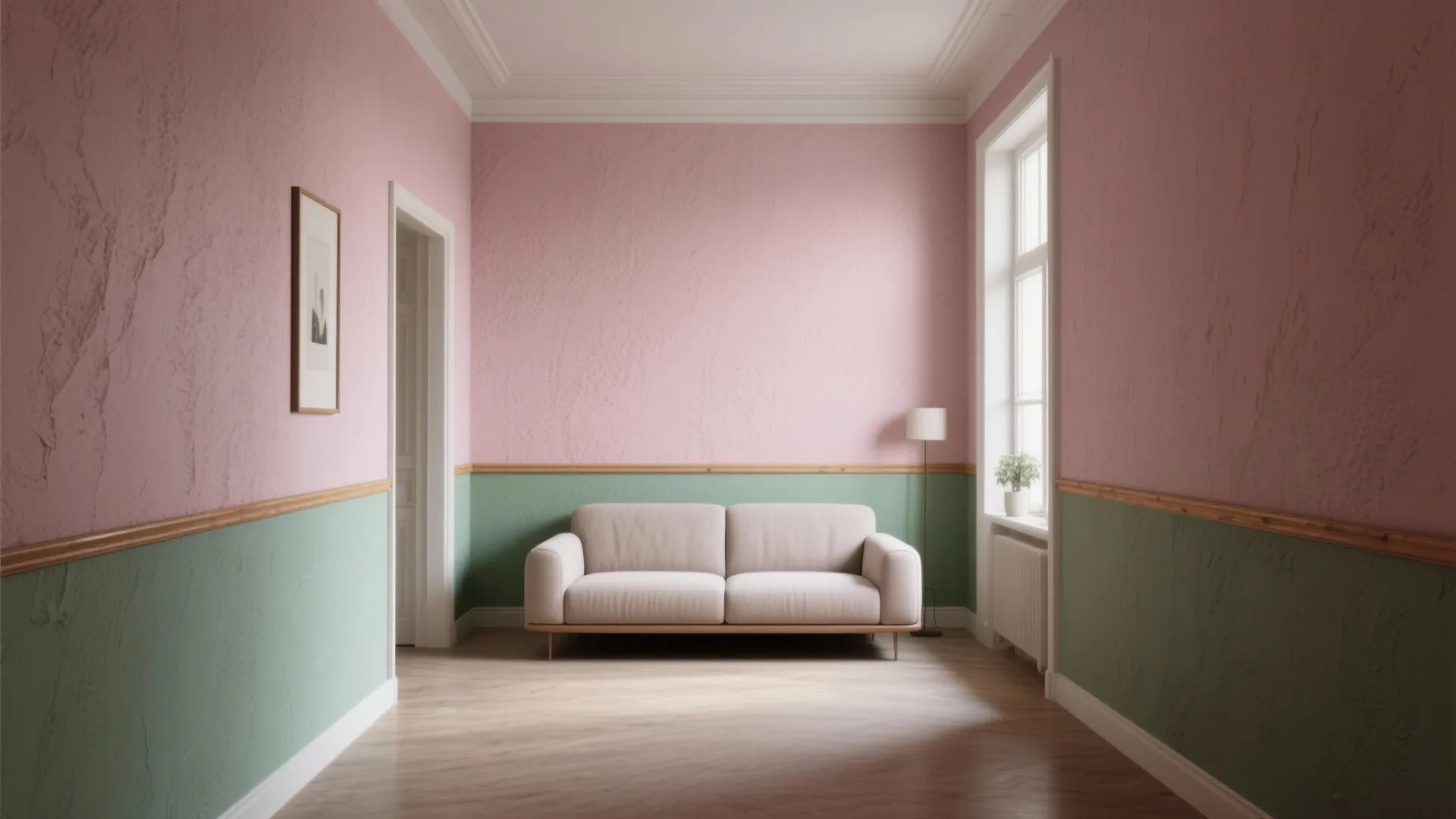 Narrow living room with lower muted green band and upper dusty pink walls with a wooden picture rail.