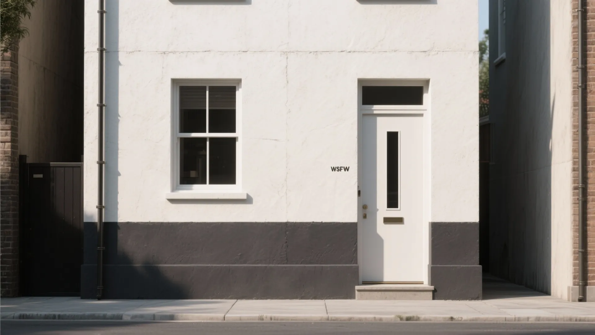 White building exterior with a dark grey base and a white door near a window