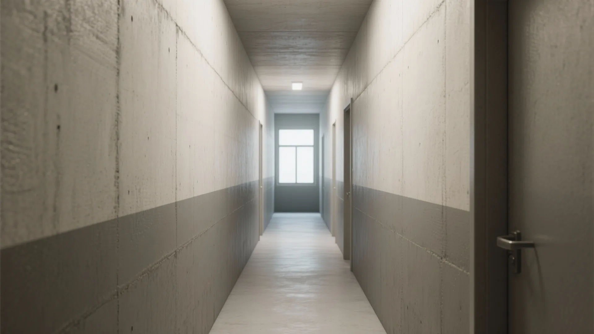 Industrial hallway with two tone grey concrete walls and doors leading to a bright window