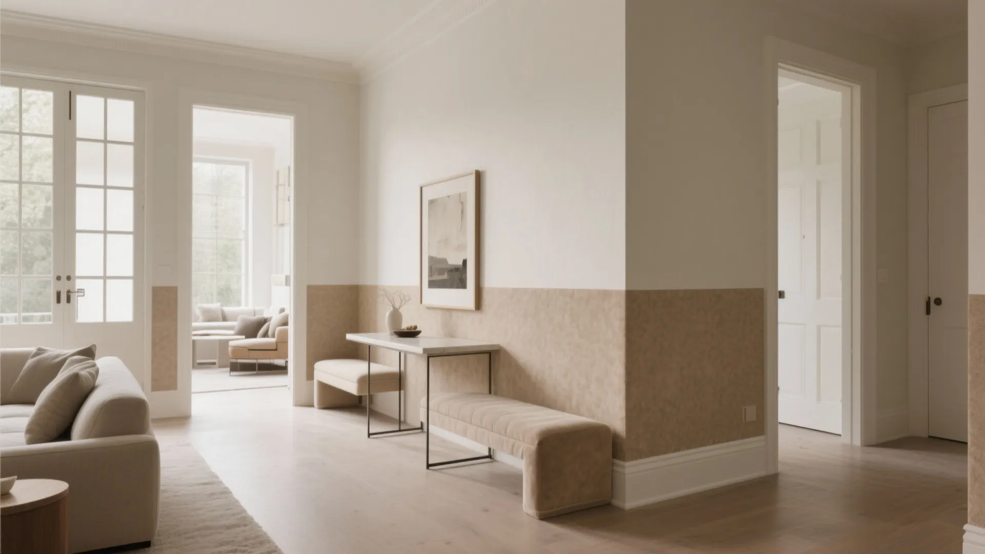 Modern hallway with beige wall panel design plus white console table and soft fabric benches