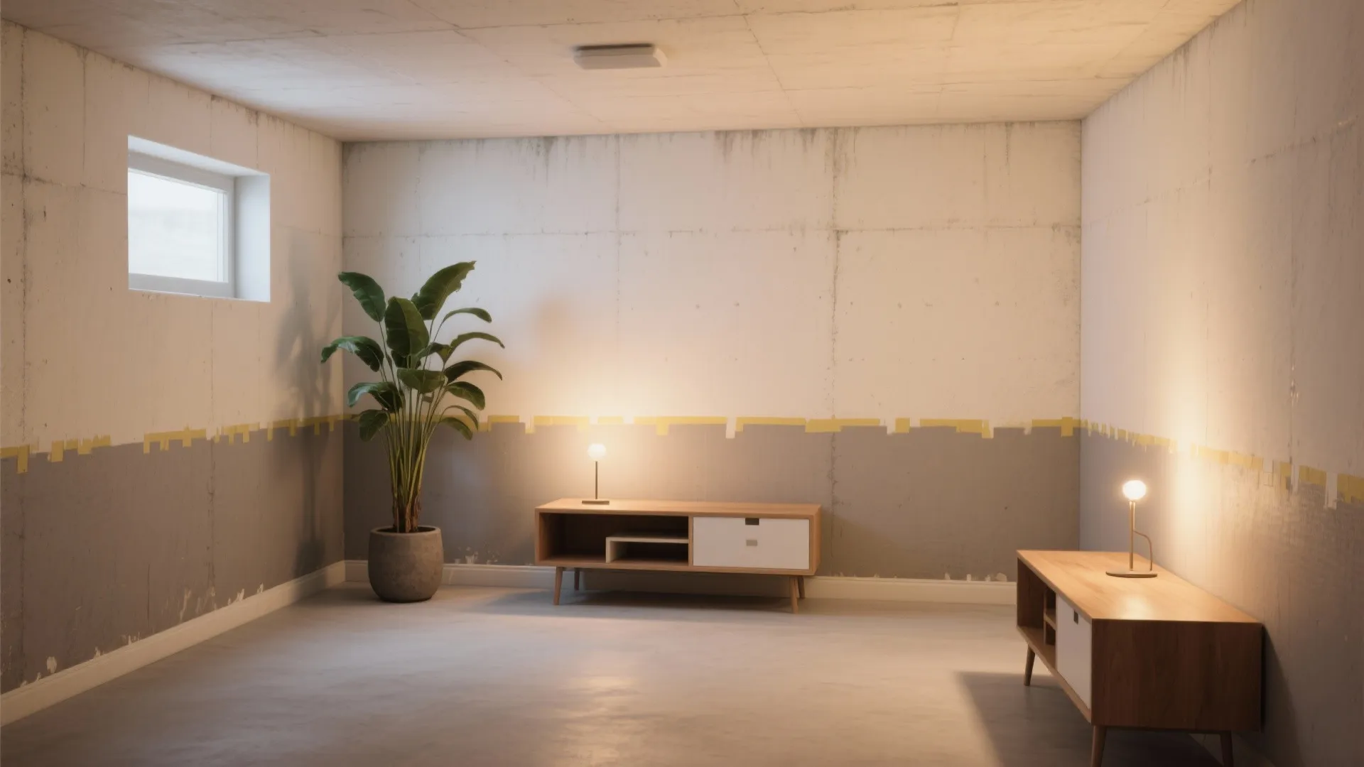 Basement room under renovation with two tone grey and white walls, wooden cabinets, and plant