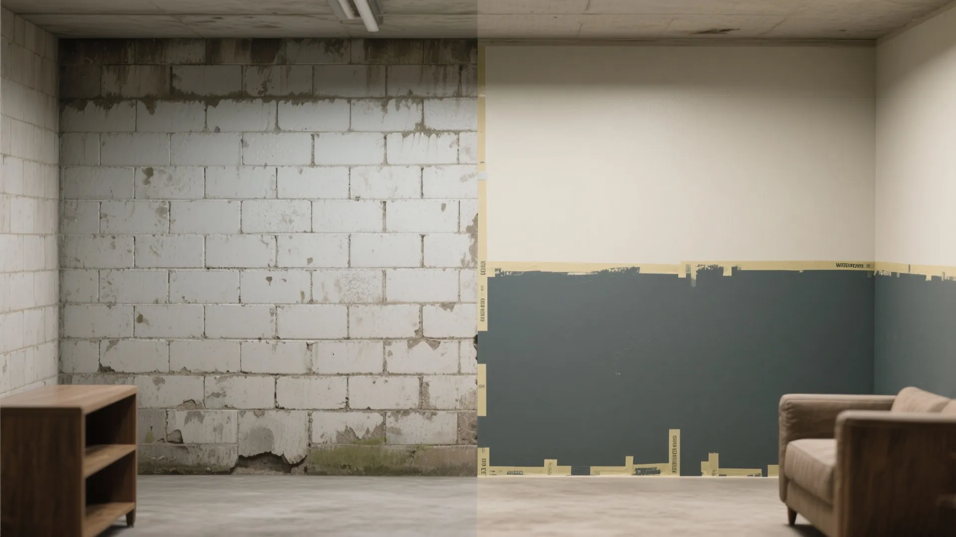 Before and after of a cinder block wall: raw blocks on left, two-tone painted wall on right with darker lower third and lighter upper area.