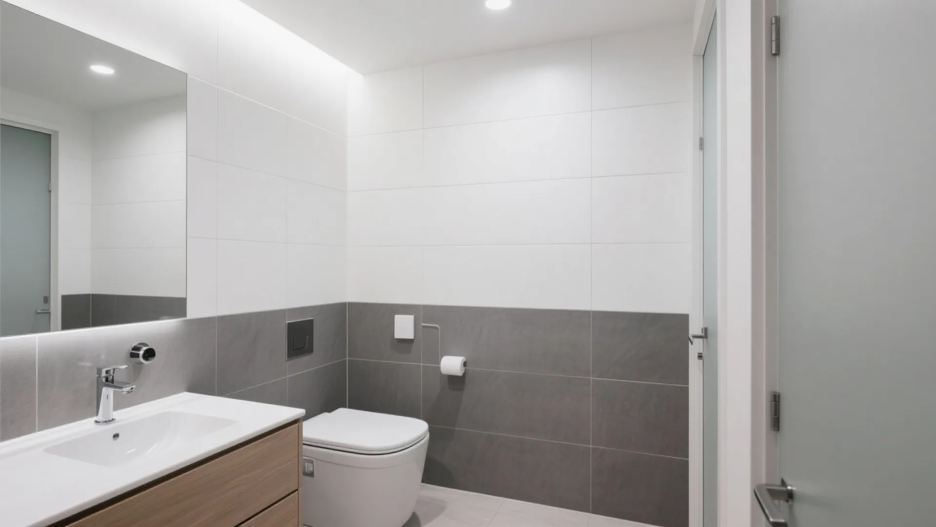 Modern bathroom with white and grey wall tiles, wooden cabinet, white sink, and wall toilet