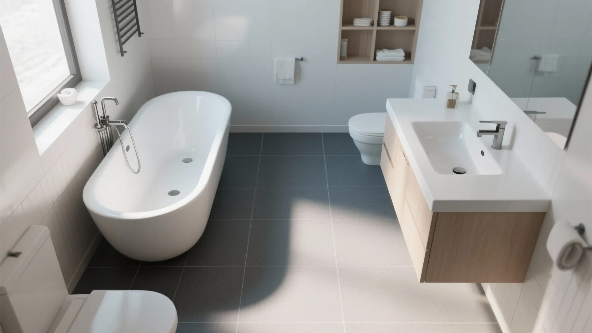 Modern bathroom interior design featuring white bathtub wooden cabinet dark floor tiles and clean white walls