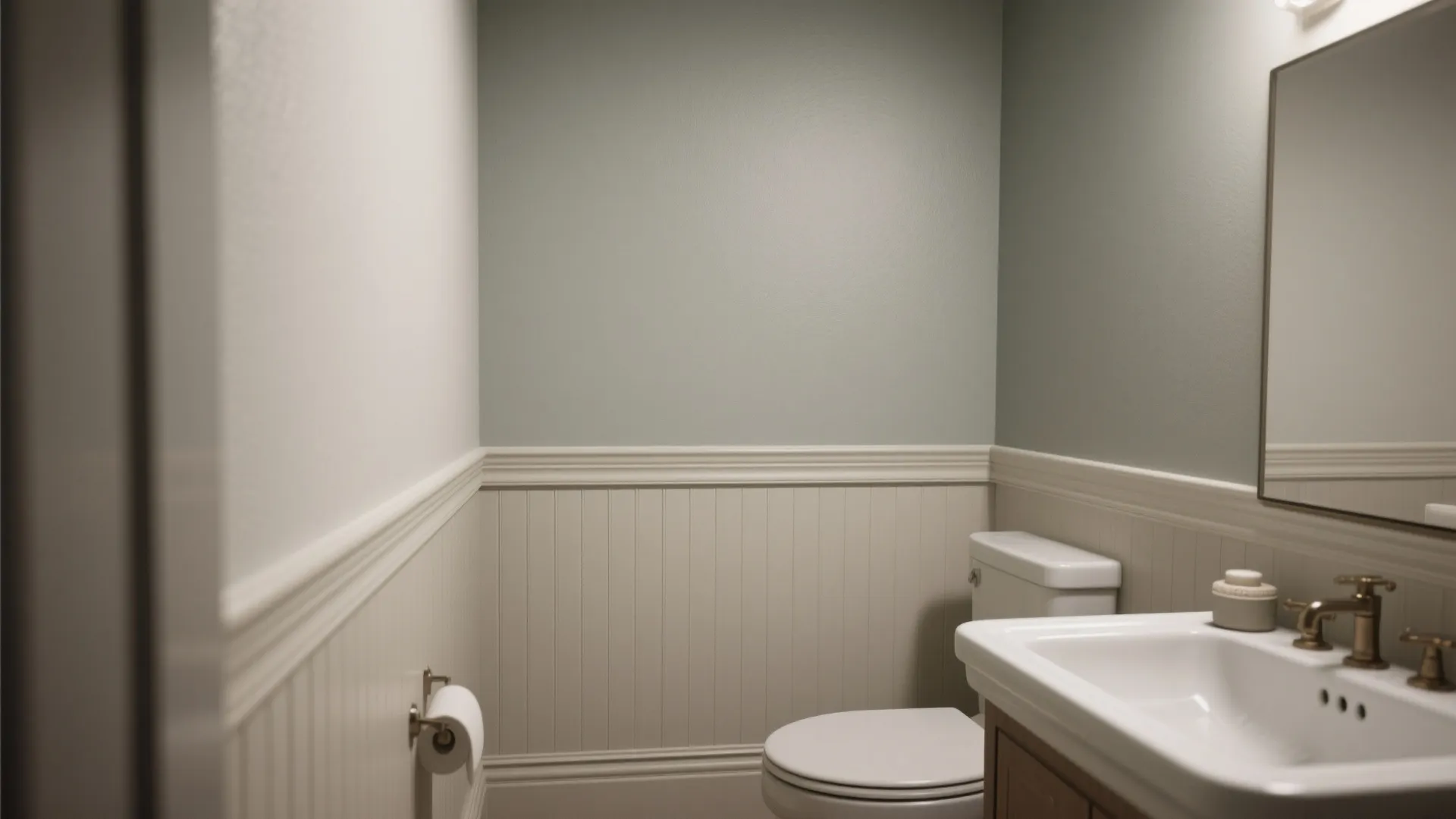 Bathroom with green upper walls white wall panels toilet white sink and gold water faucet