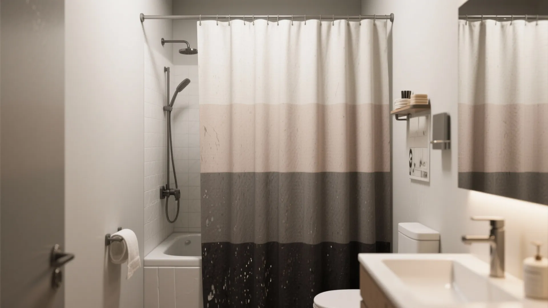 Small bathroom featuring striped shower curtain in beige and grey next to white bathtub and sink