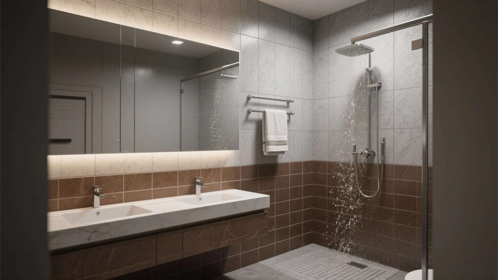 Modern bathroom with brown and white tiles featuring a double sink cabinet and glass shower