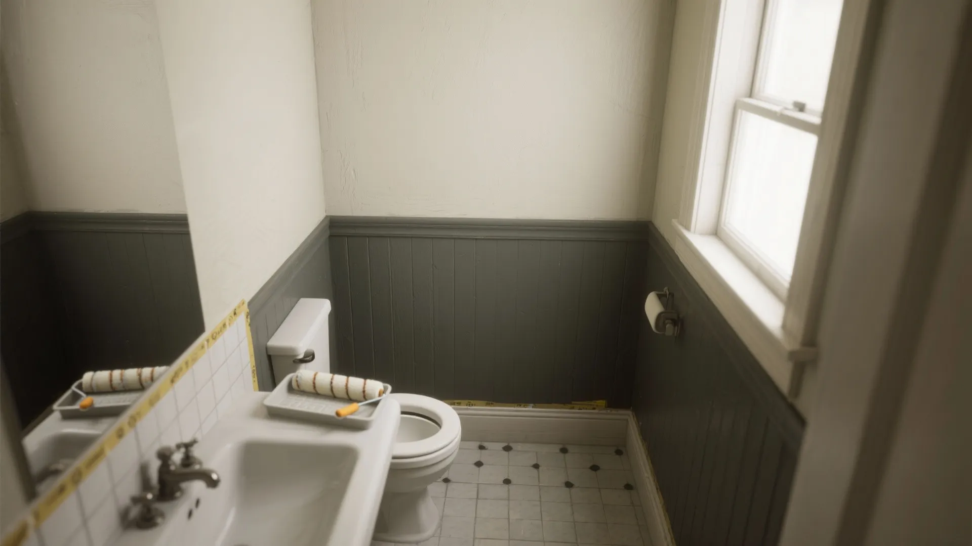 Top-down view of a narrow bathroom with two-tone paint separated by a chair rail and tile band.