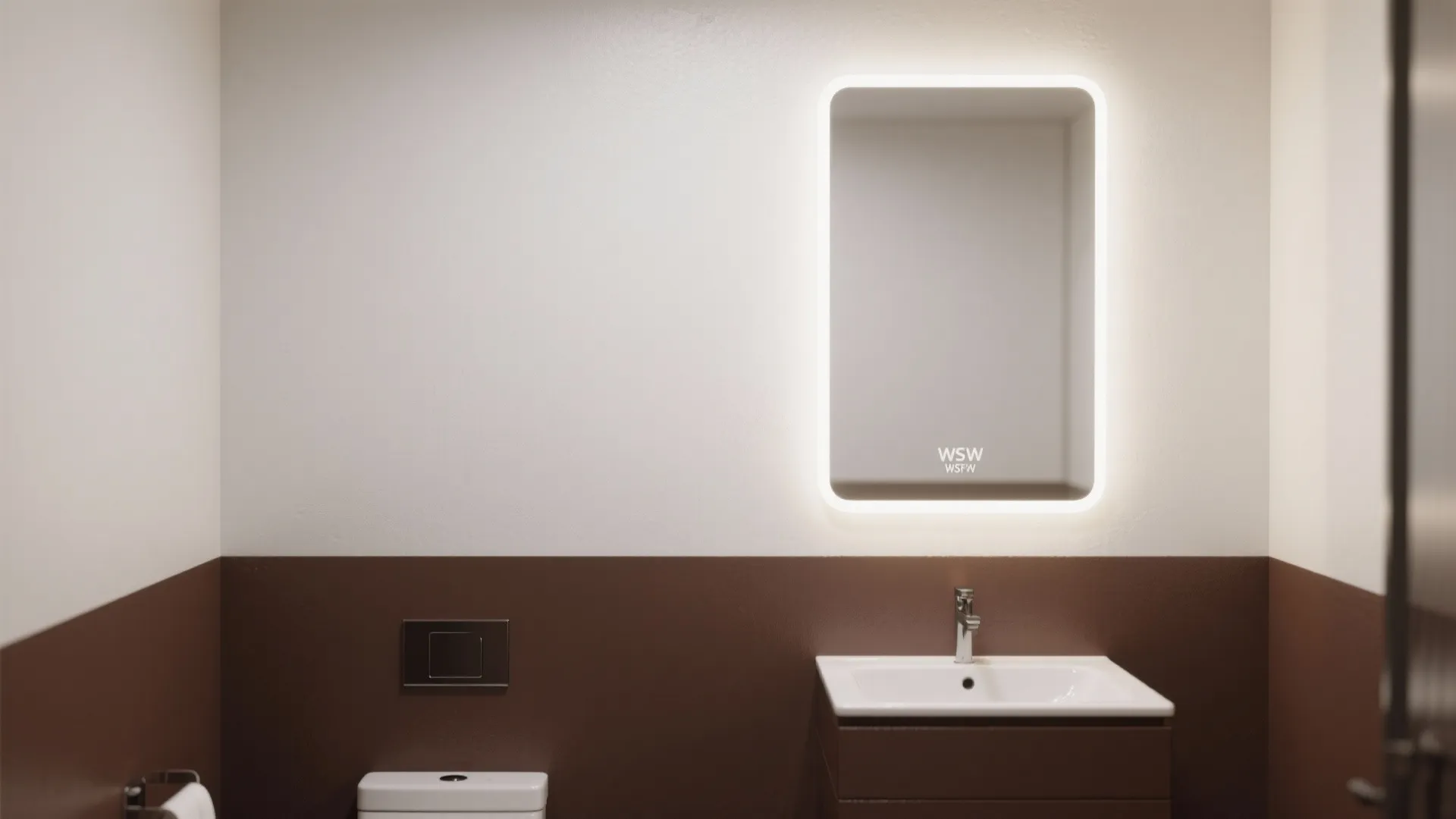 Small bathroom with brown lower walls and white upper walls, white vanity