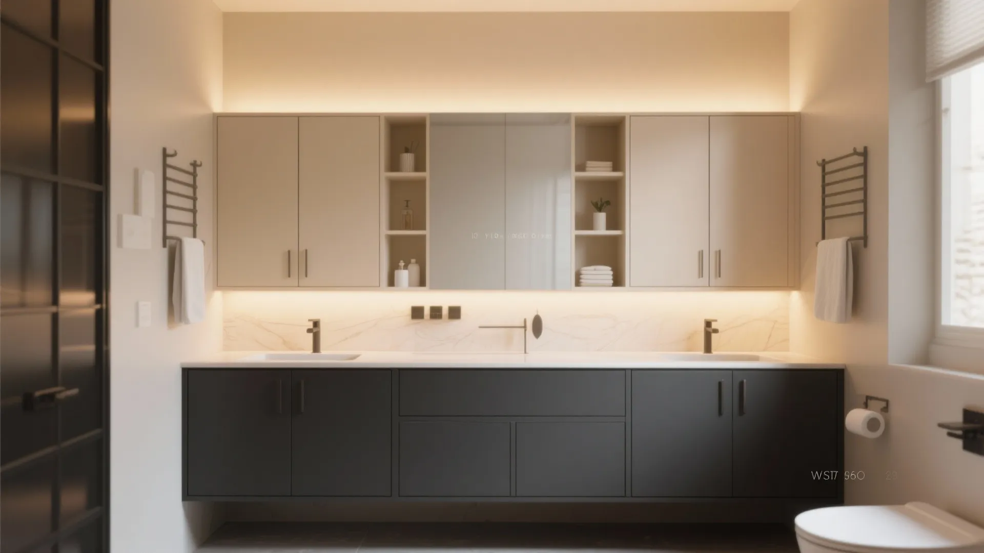 Two-tone bathroom cabinets in charcoal and cream