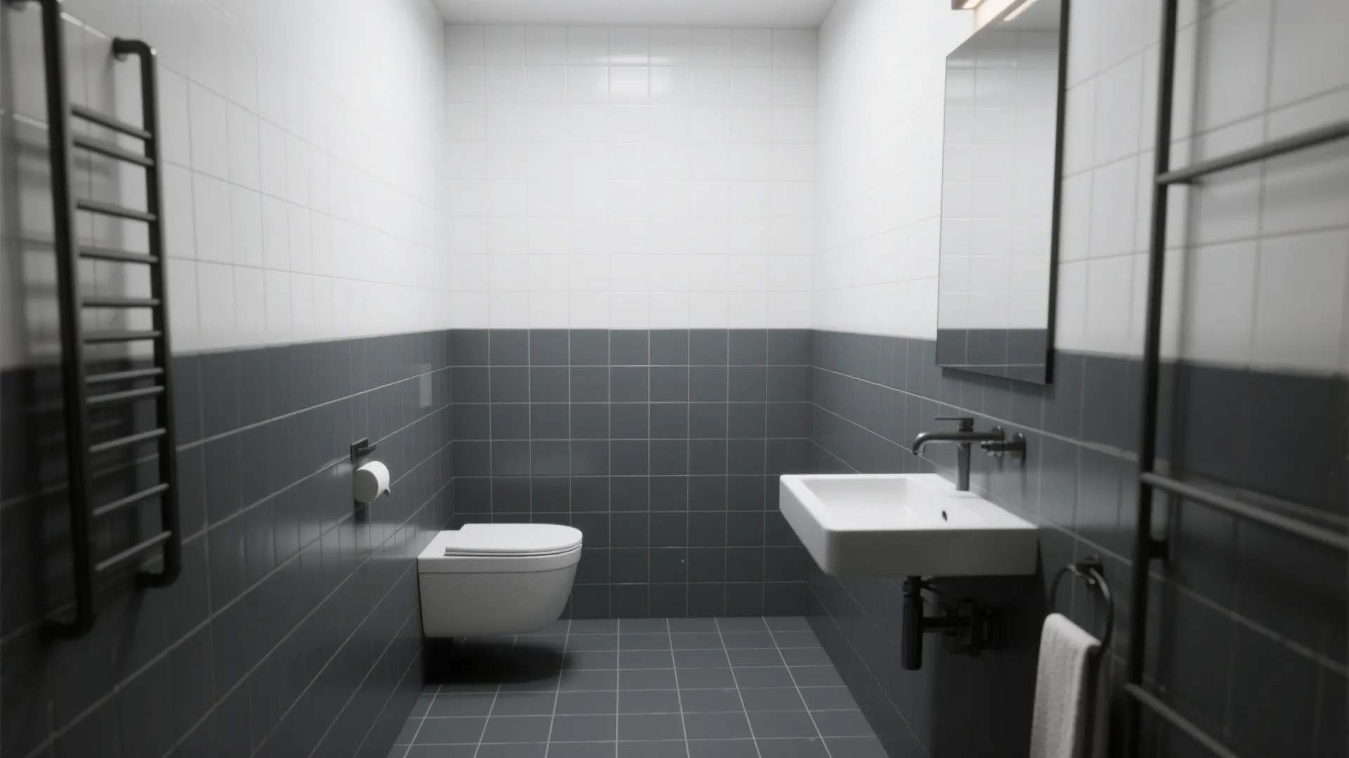 Minimalist bathroom with dark grey bottom tiles white top tiles wall hung toilet and white sink