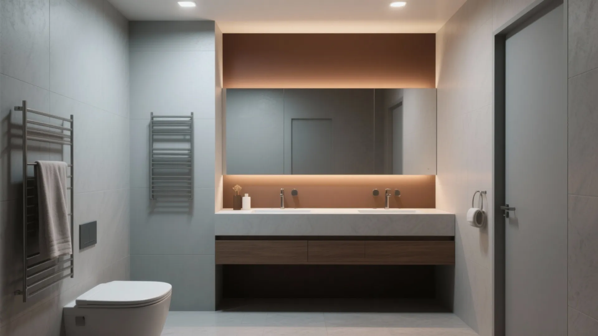 Bathroom with dove grey walls and a muted brown accent wall behind a floating vanity.