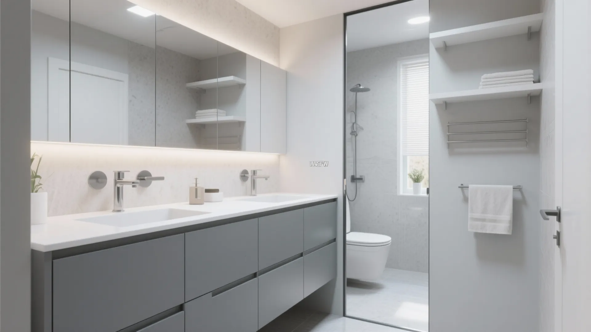 Modern bathroom featuring grey cabinet with double sinks and a mirror with bright built in