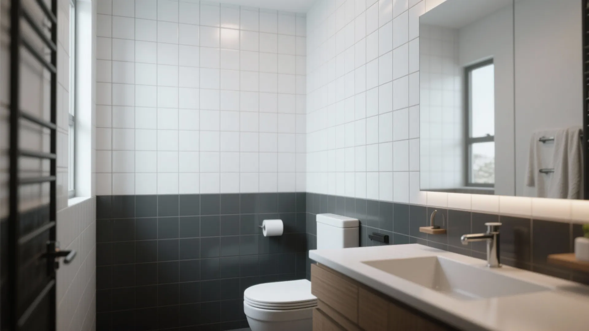 Modern bathroom featuring white and dark grey wall tiles with a wooden cabinet and white sink