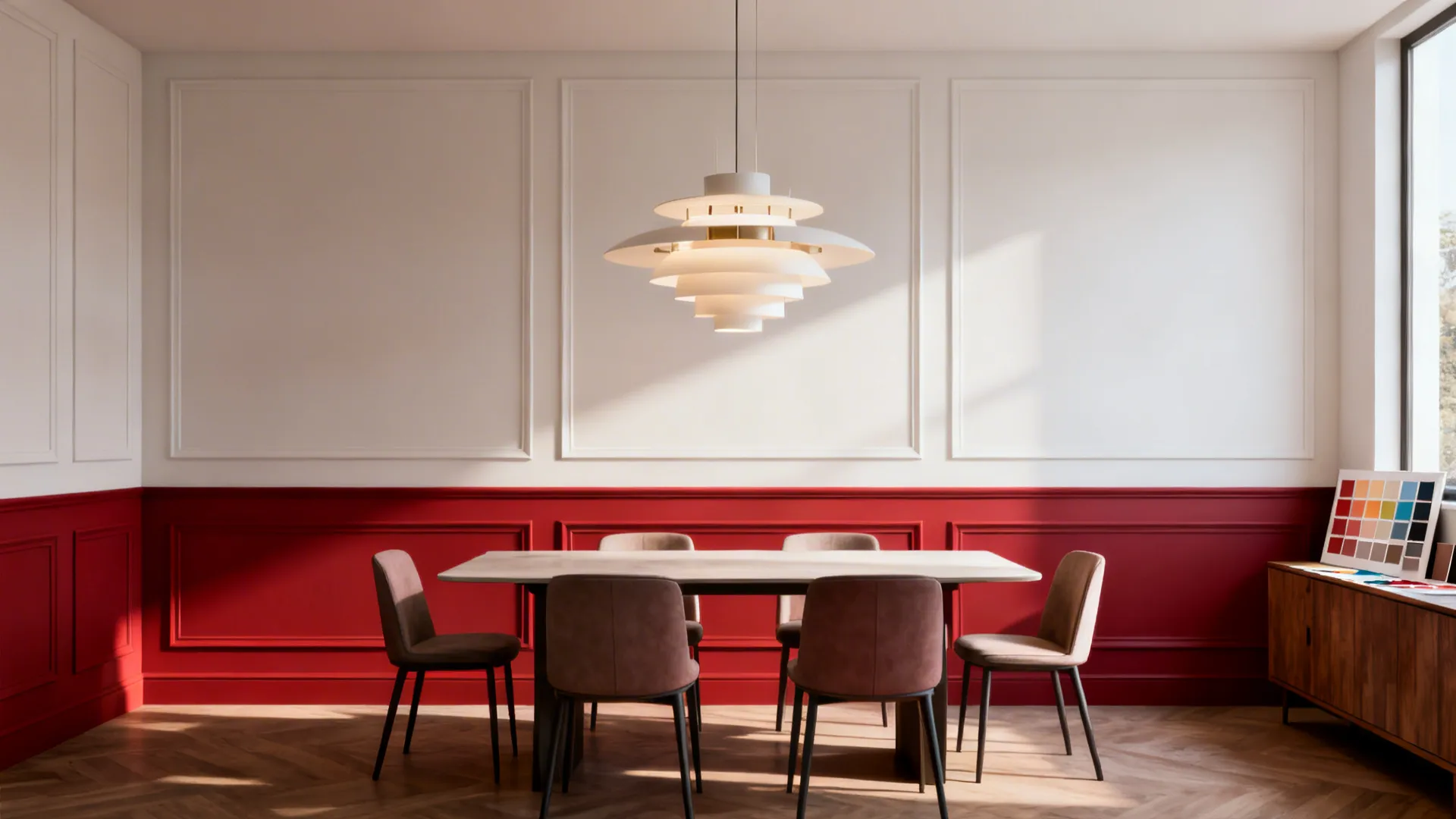 Dining room with two-tone painted board and batten and a striking pendant light.