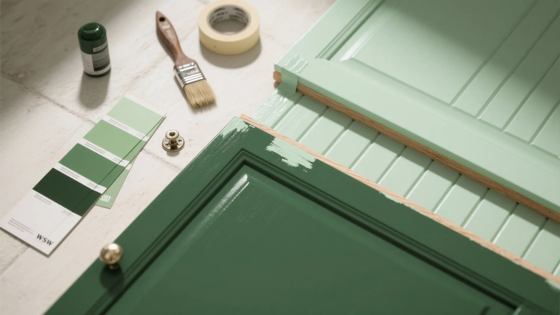 3. Two-tone green vanity with painted beadboard