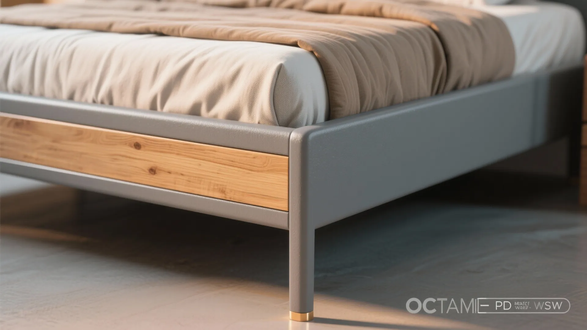 Close up of grey bed frame with natural wood details and soft light brown bedding