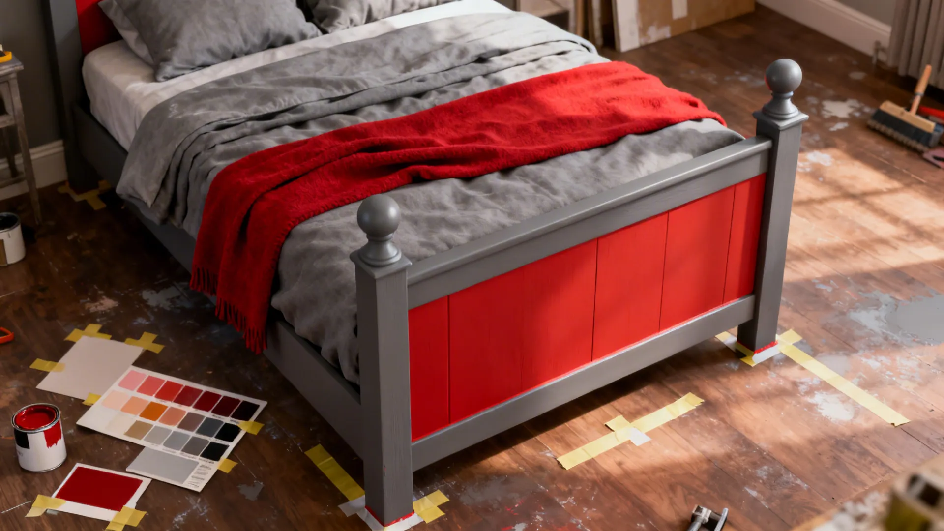Two-tone bed frame with gray posts and a red panel, coordinated gray bedding and a red throw, DIY paint swatches visible