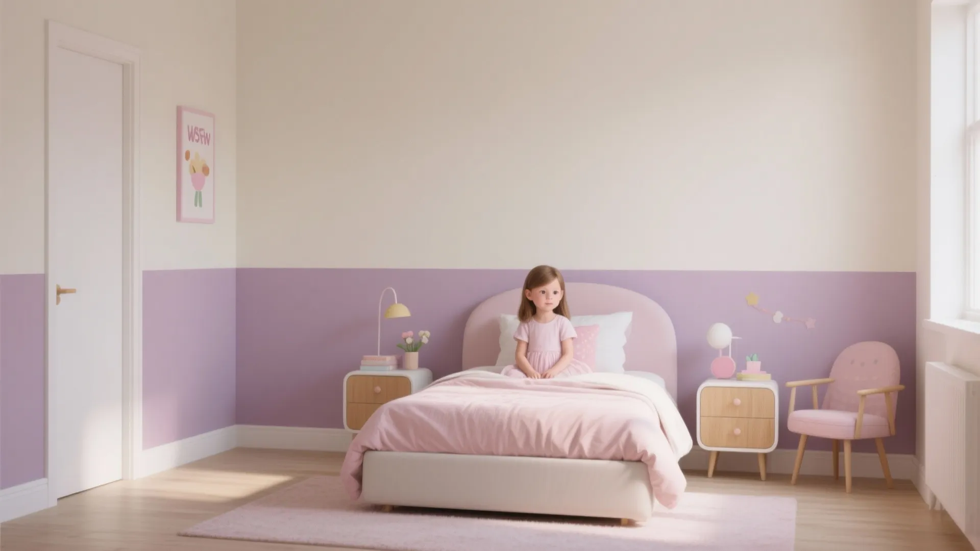 Girl's bedroom with two-tone purple and white walls, pink bed, and two white bedside tables