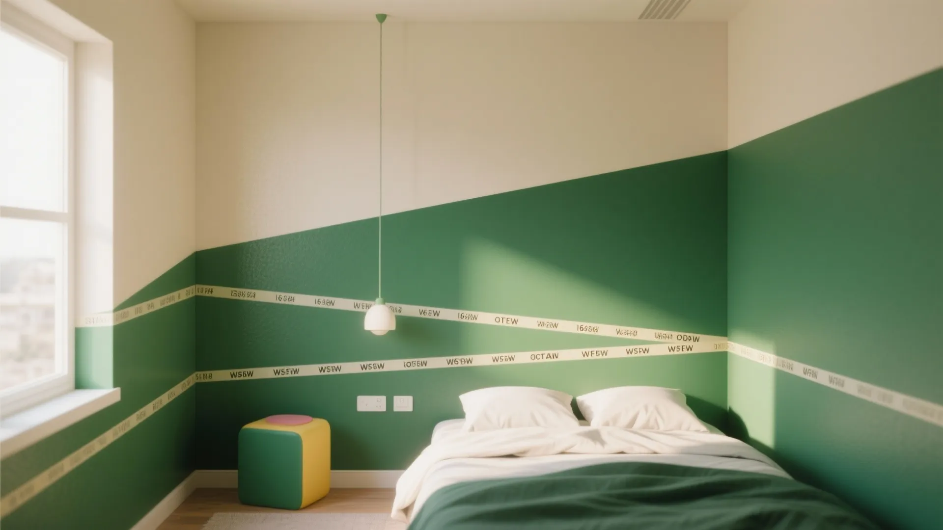 Modern bedroom with green and white walls, small footrest, hanging light, and a white bed