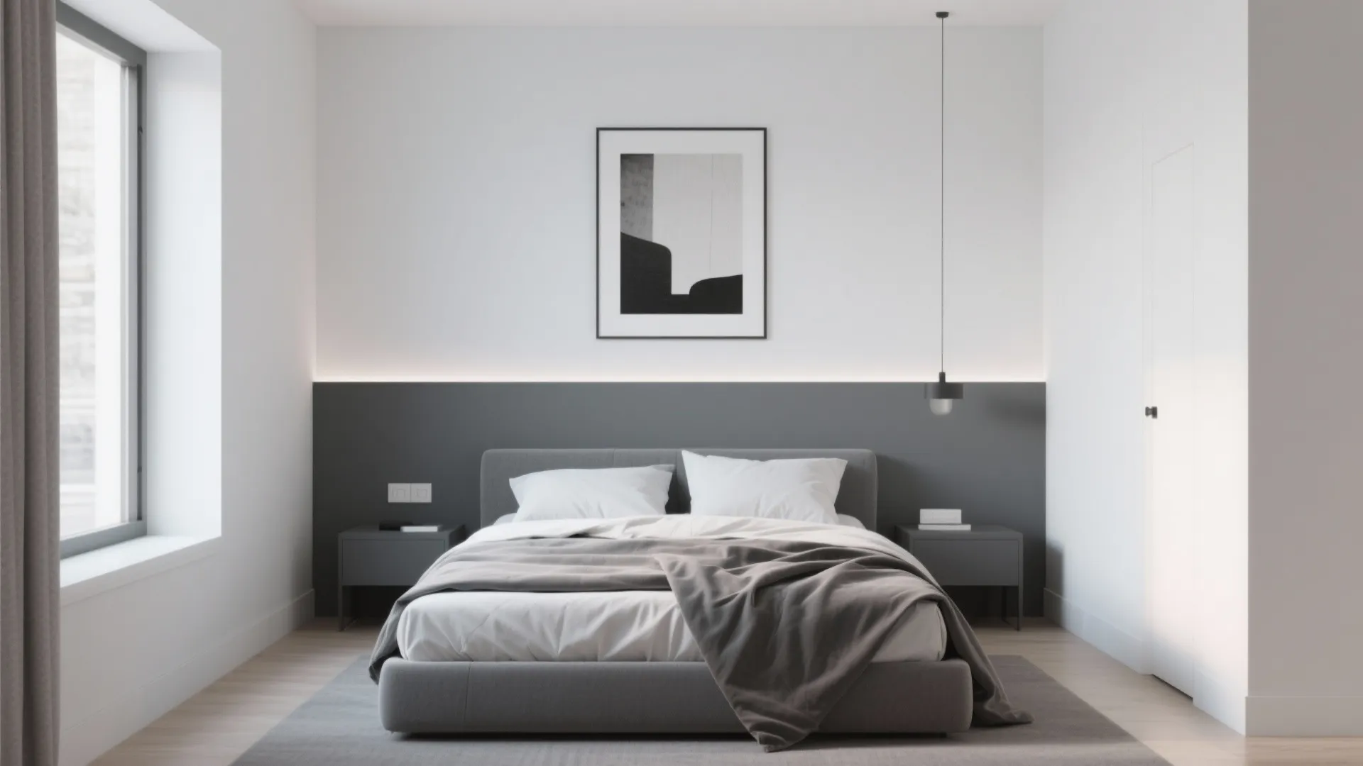 Modern minimalist bedroom featuring grey bed frame against two-tone white and grey wall panel background