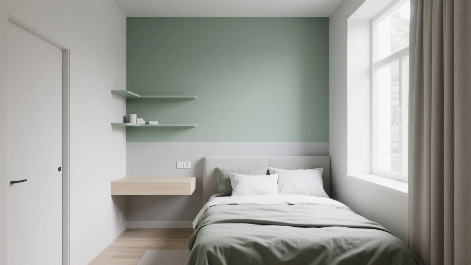 Modern bedroom featuring two tone green wall, wooden floating desk, grey bed, and large window