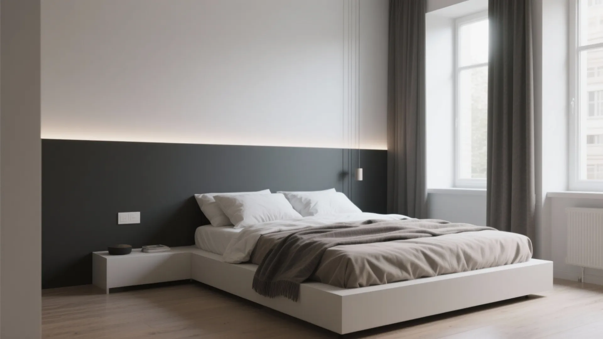 Small bedroom with a two-tone horizontal accent wall creating the illusion of height.