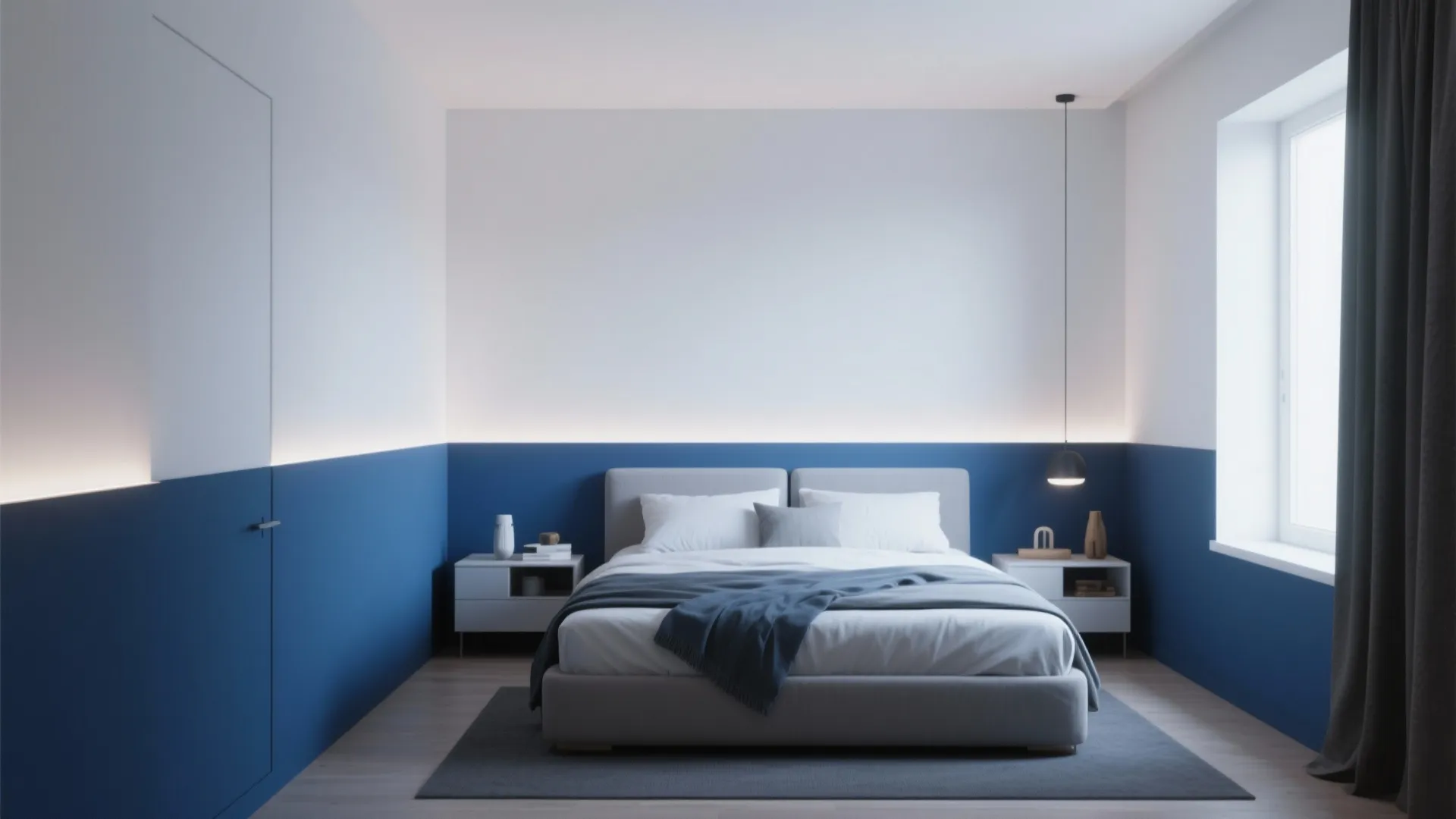 Minimalist bedroom with two tone blue and white walls featuring a grey bed and small light