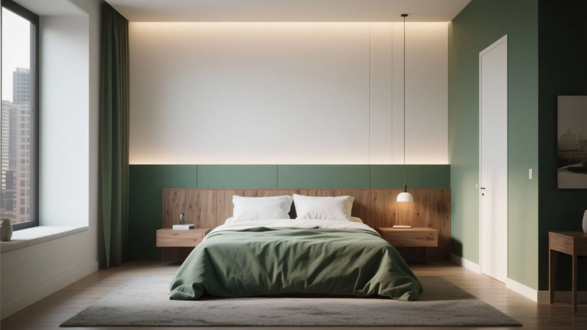Modern bedroom with green and white wall panels wooden headboard green blanket and natural light