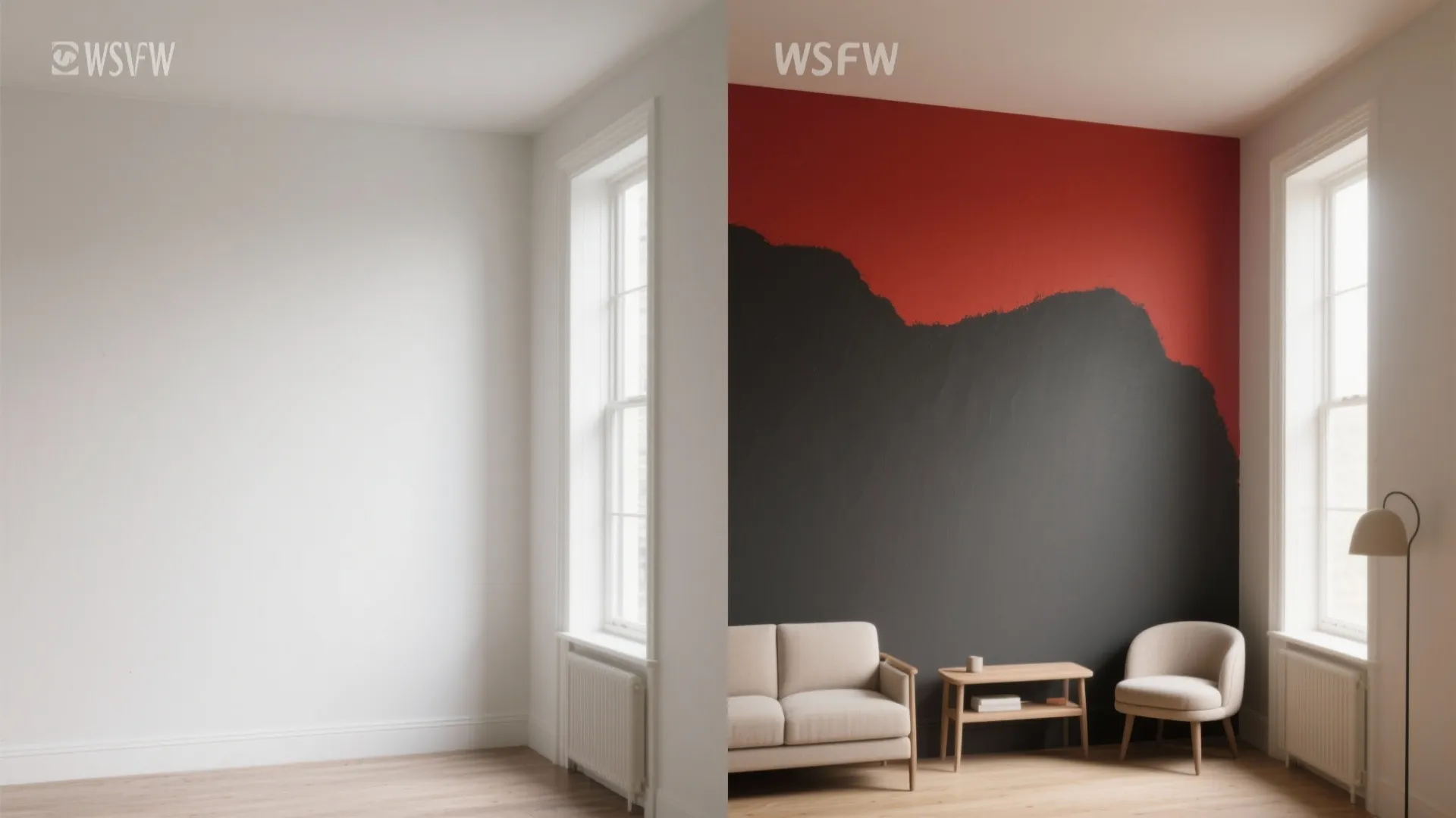 Before and after comparison of an empty white room versus a painted red and black wall