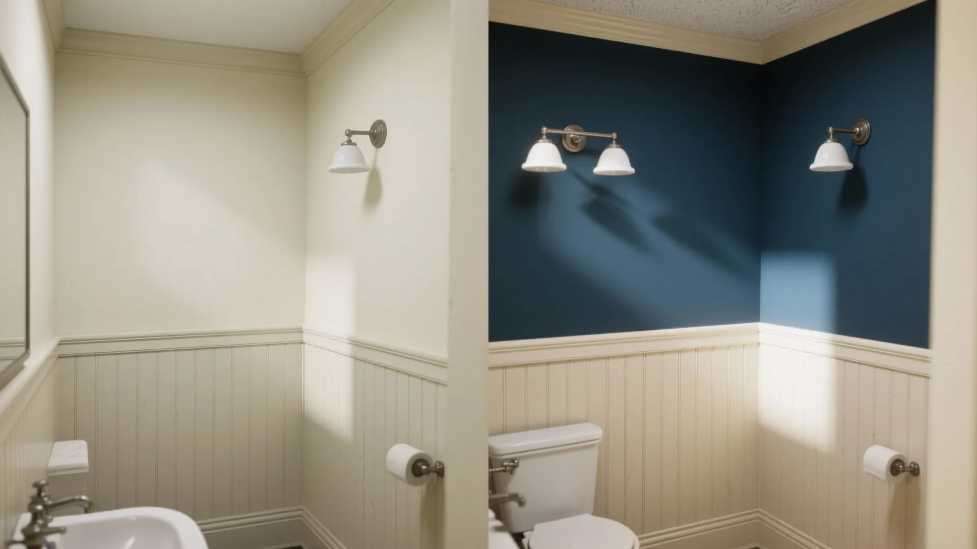 Before and after comparison of bathroom wall changing from plain beige to dark blue paint
