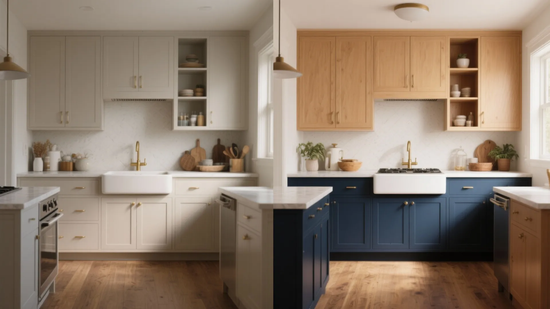 Before and after of a small kitchen showing dark lower cabinets and light upper cabinets to create visual lift.