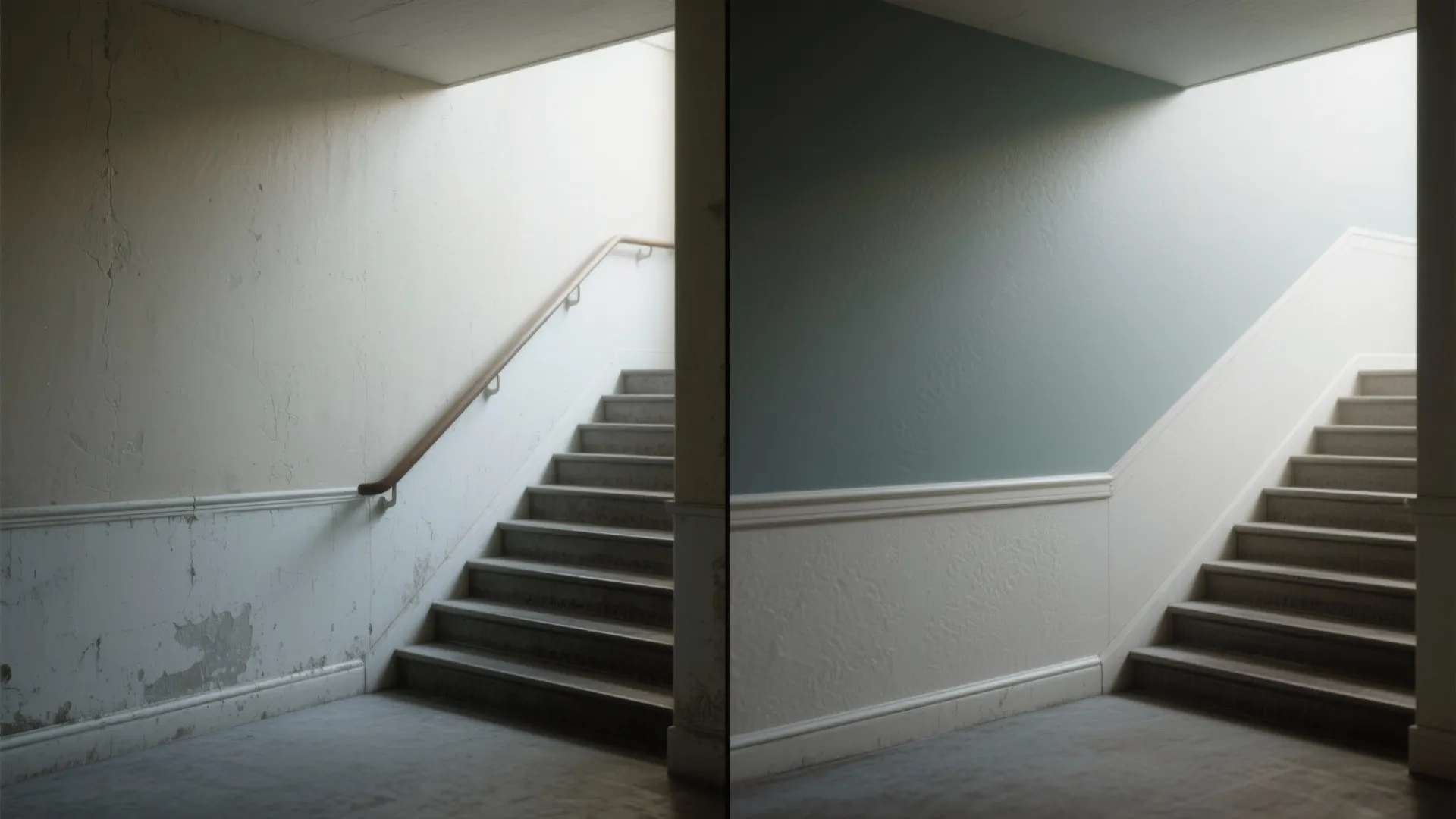 Before and after of a stairwell with washable satin lower third and matte upper wall showing cleaner, durable finish