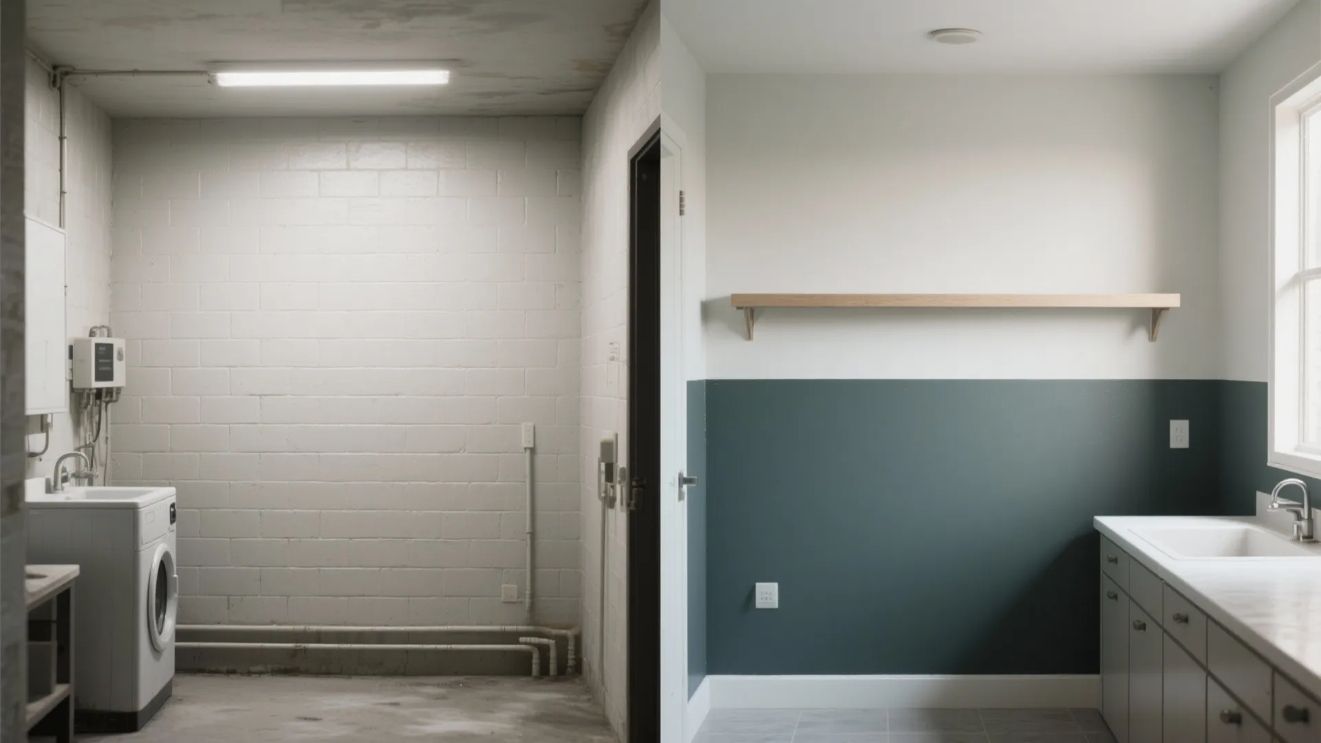 Before and after comparison of a laundry room renovation with white and green painted walls