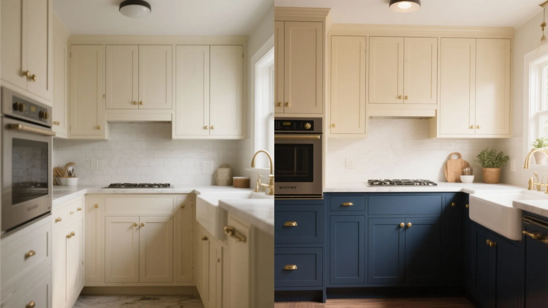 5. Two-Tone Cabinets — Base Bold, Upper Neutral