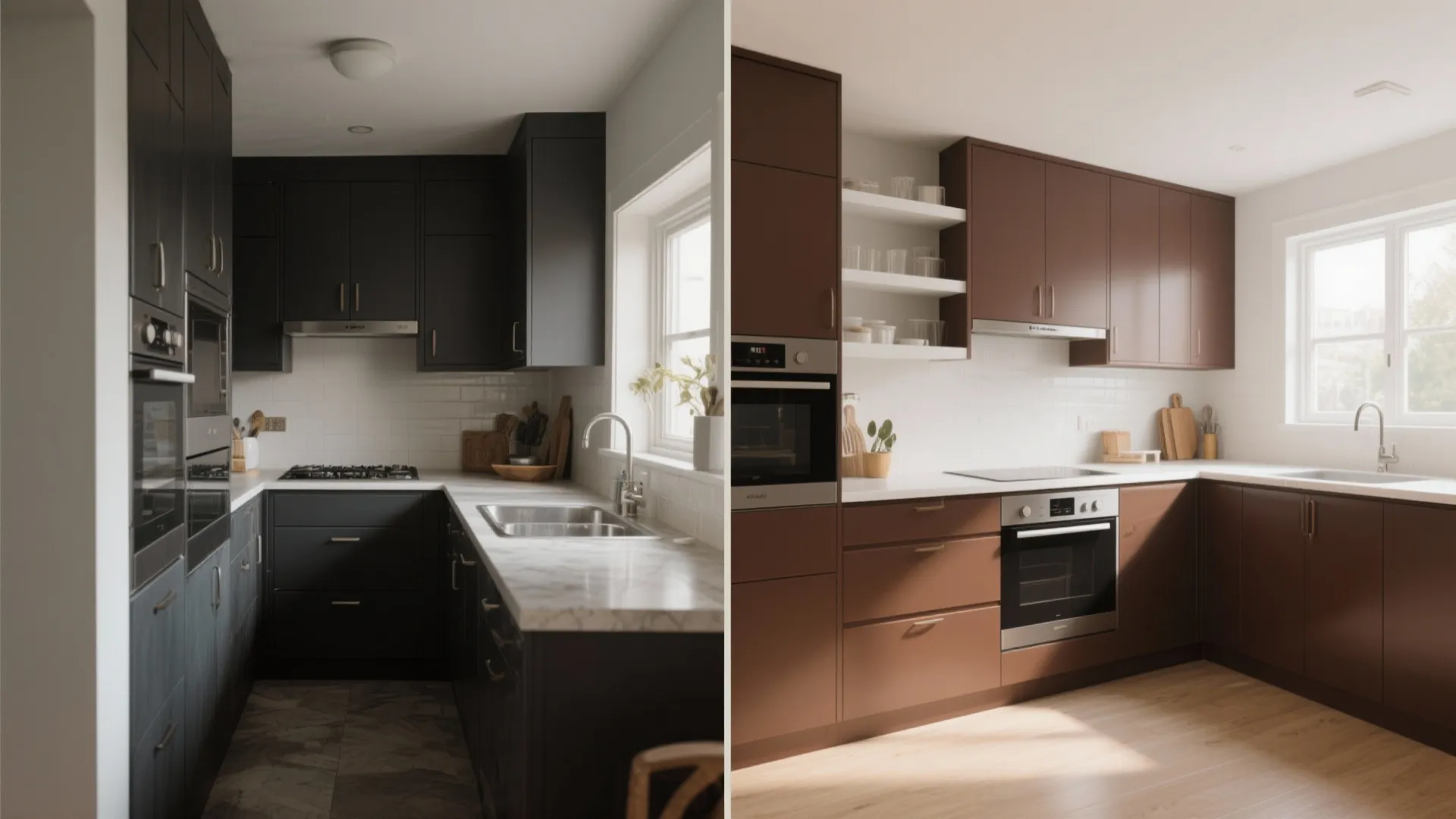 5. Two-Tone: Dark Brown Base, Lighter Upper Cabinets