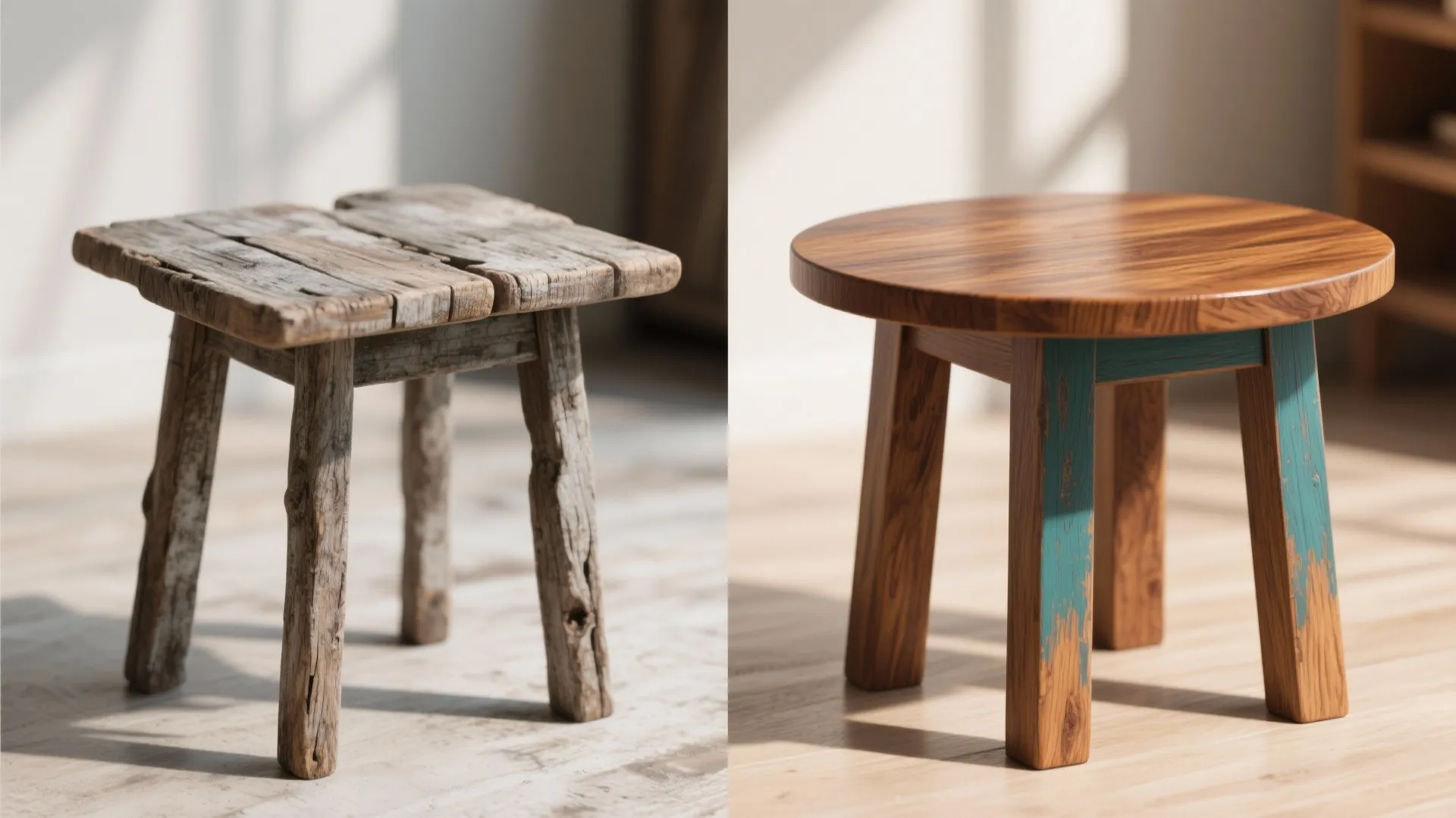 Before and after: small table with stained wood top and painted base, showing warmth and personality.