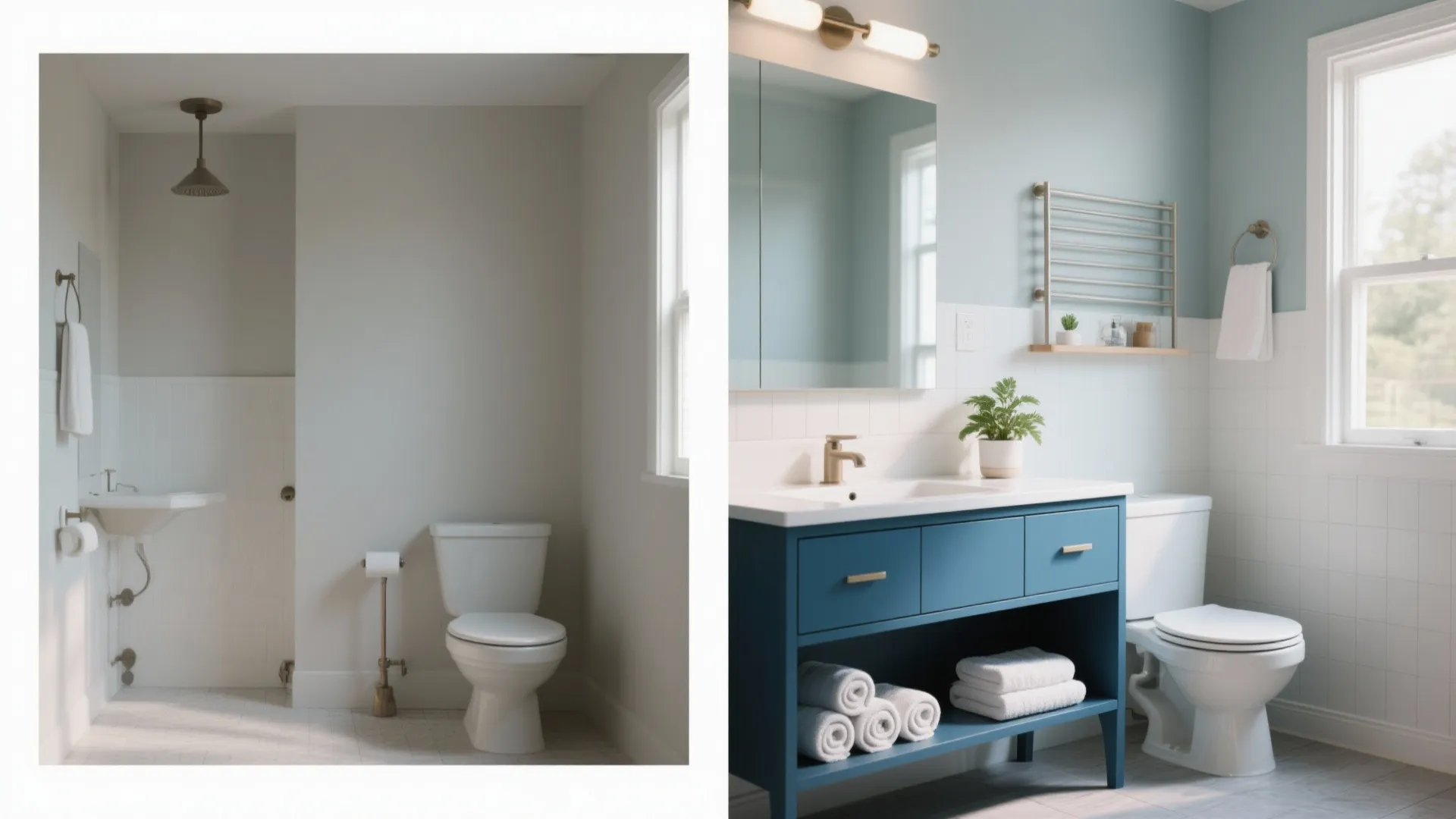 3. Two-Tone Blue Vanity with Open Shelf
