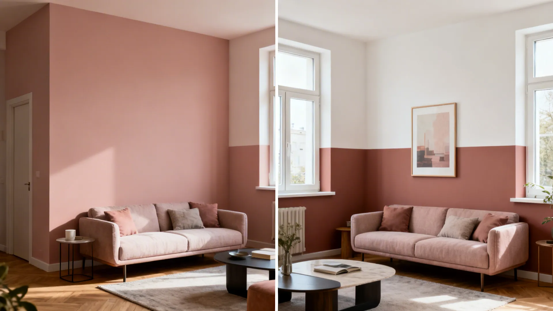 Before-and-after showing a compact living room with two-tone color blocking that adds visual height.