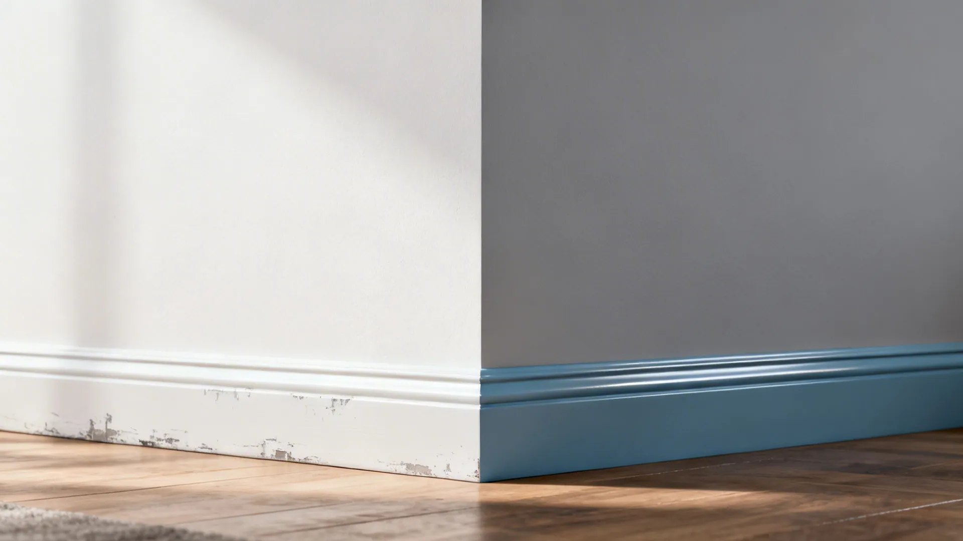Before-and-after view showing a plain wall transformed into a French gray and dusty blue split.