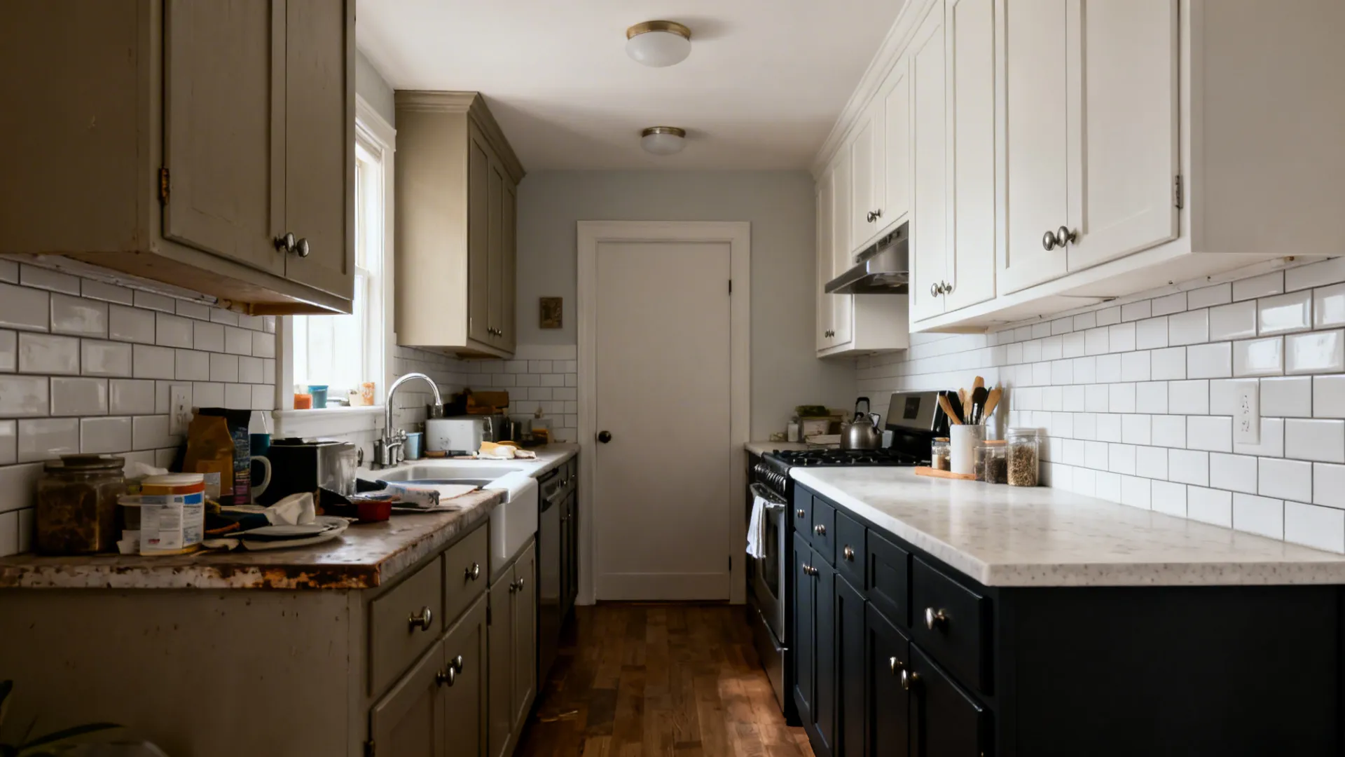 Before-and-after of a small galley transformed with two-tone Shaker cabinets and light finishes.